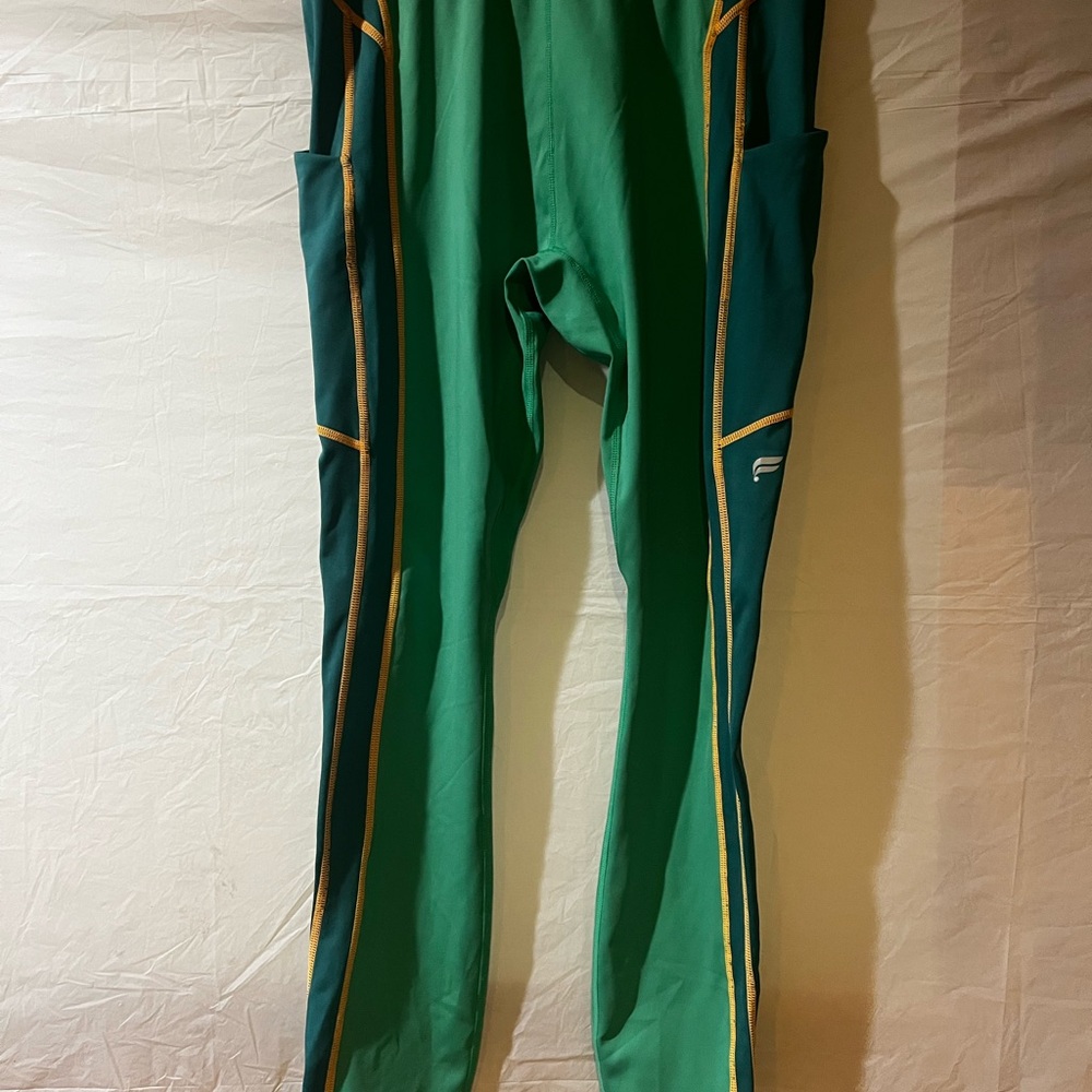 Fabletics Green Athletic Leggings with Pockets & Gold Trim Medium